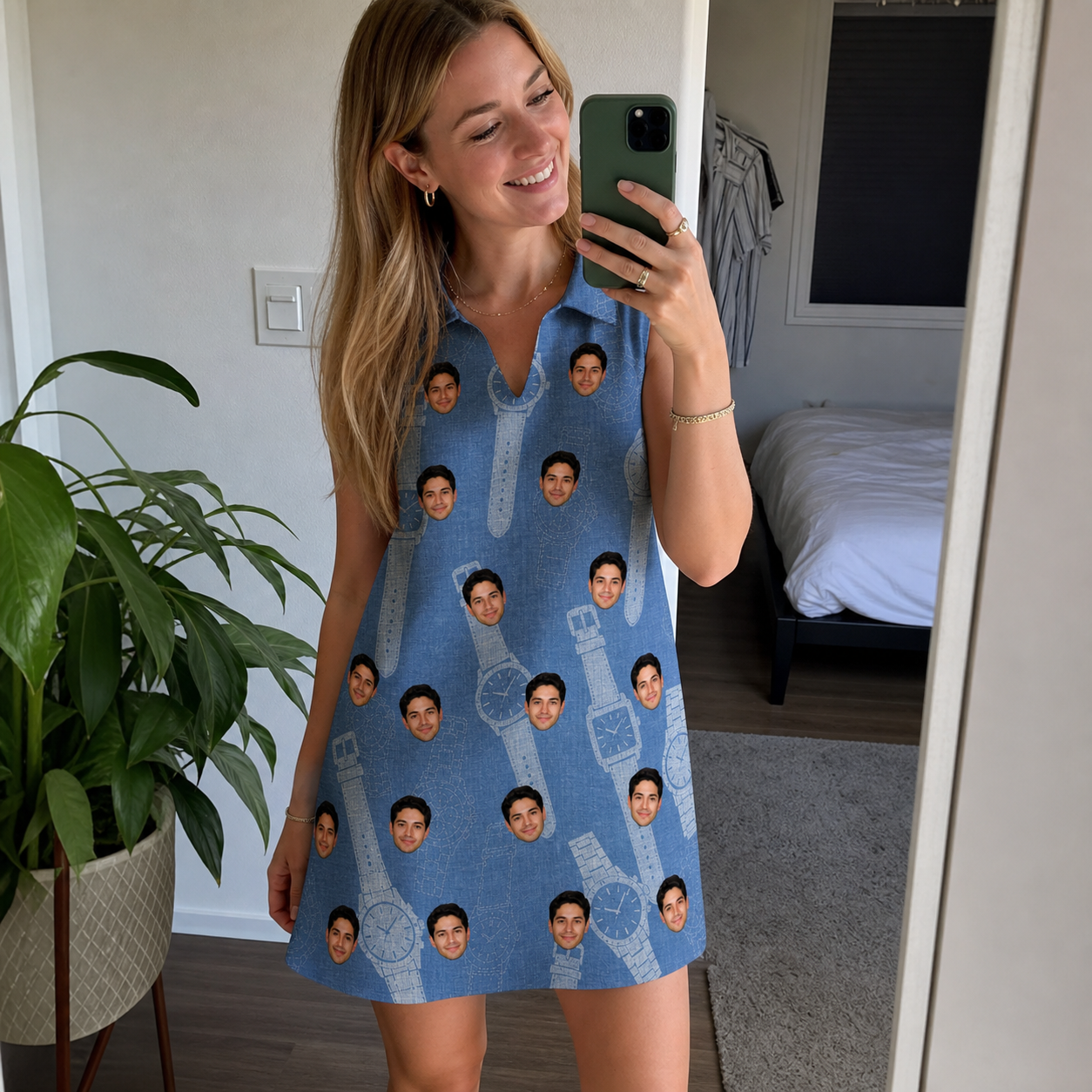 Real-life photo of someone wearing Women's Chrono Chaps Custom Face V-Neck Dress — custom faces printed all-over