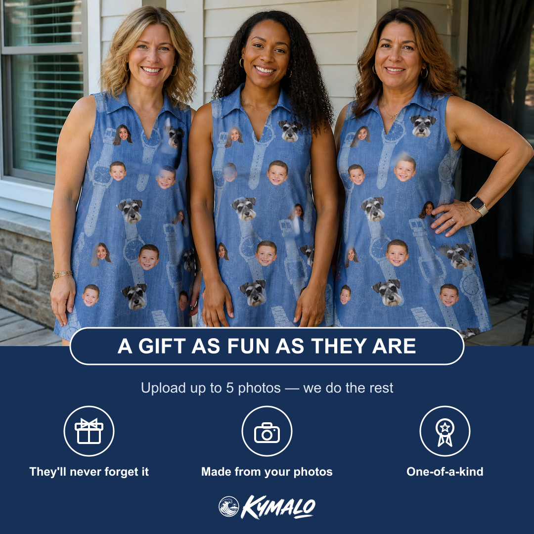 Friends in matching Women's Chrono Chaps Custom Face V-Neck Dress — a group gift photo
