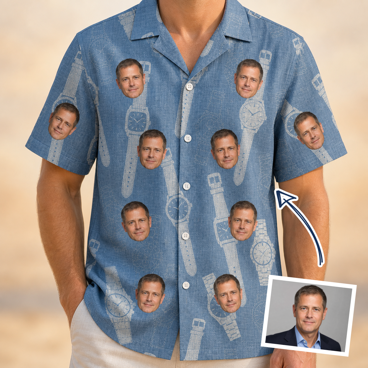 Man wearing Men's Chrono Chaps Custom Face Hawaiian Shirt — custom faces printed all-over
