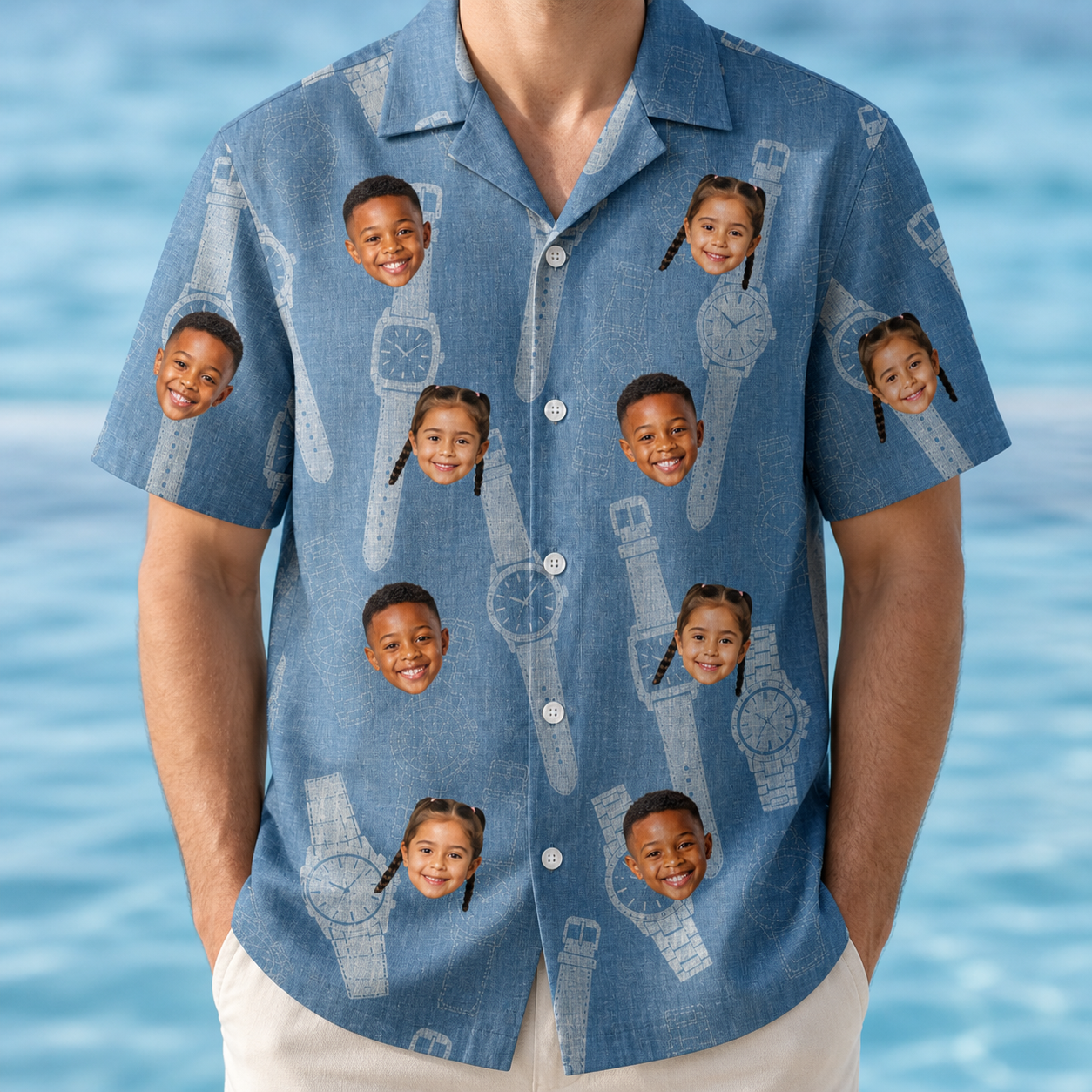 Model wearing Men's Chrono Chaps Custom Face Hawaiian Shirt printed with kids' faces