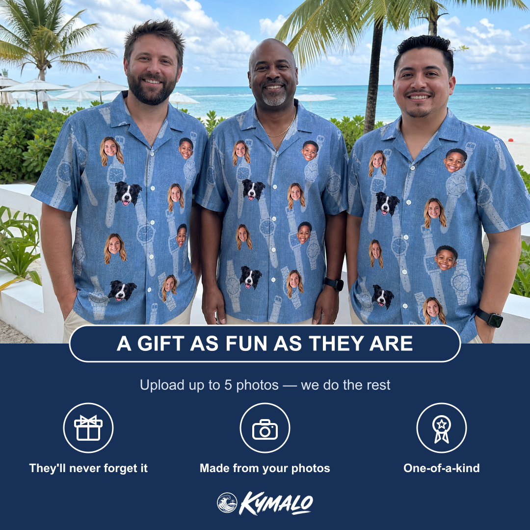 Friends in matching Men's Chrono Chaps Custom Face Hawaiian Shirt — a group gift photo