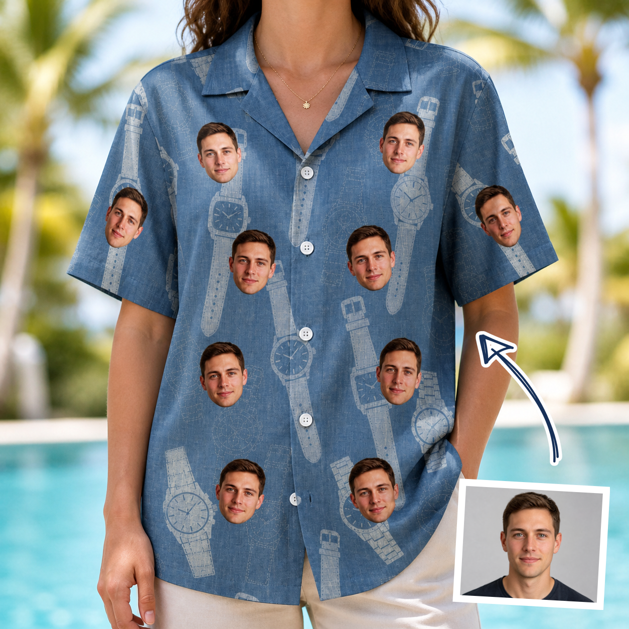 Woman wearing Women's Chrono Chaps Custom Face Hawaiian Shirt — custom faces printed all-over