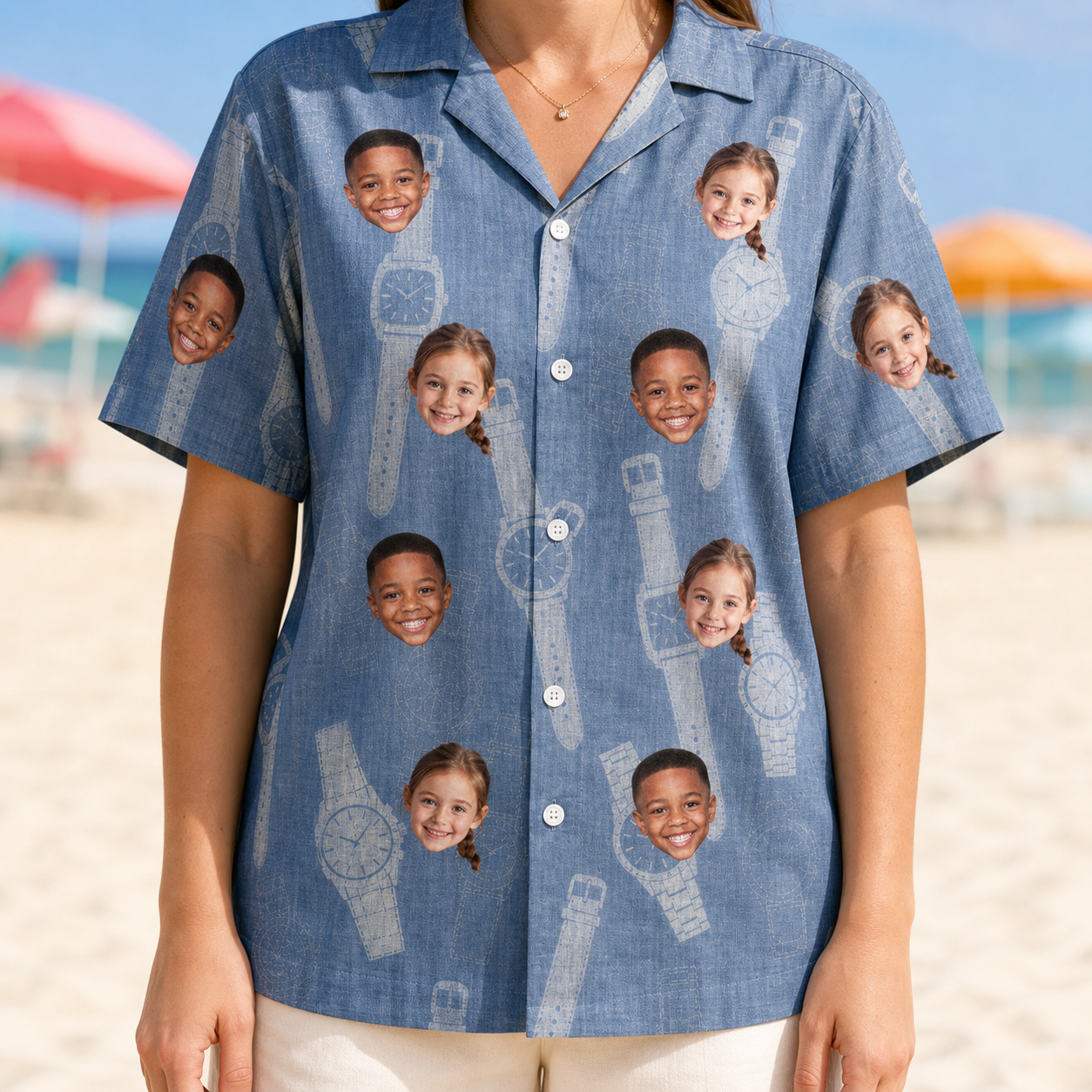 Model wearing Women's Chrono Chaps Custom Face Hawaiian Shirt printed with kids' faces