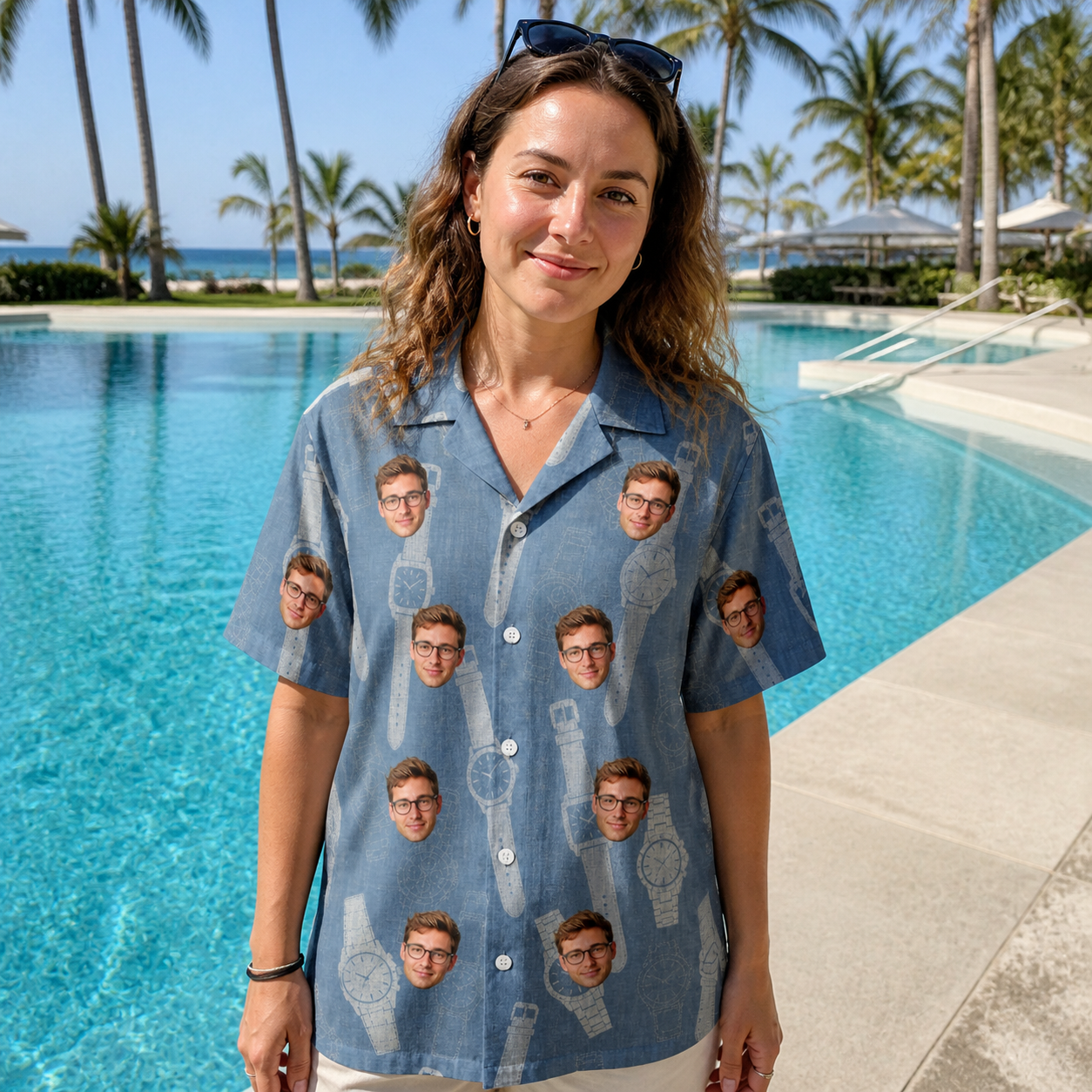 Real-life photo of someone wearing Women's Chrono Chaps Custom Face Hawaiian Shirt — custom faces printed all-over
