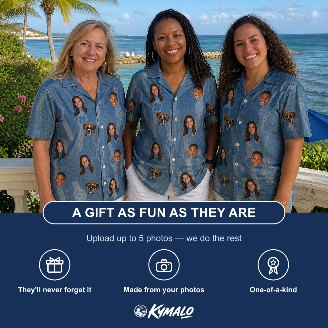 Friends in matching Women's Chrono Chaps Custom Face Hawaiian Shirt — a group gift photo