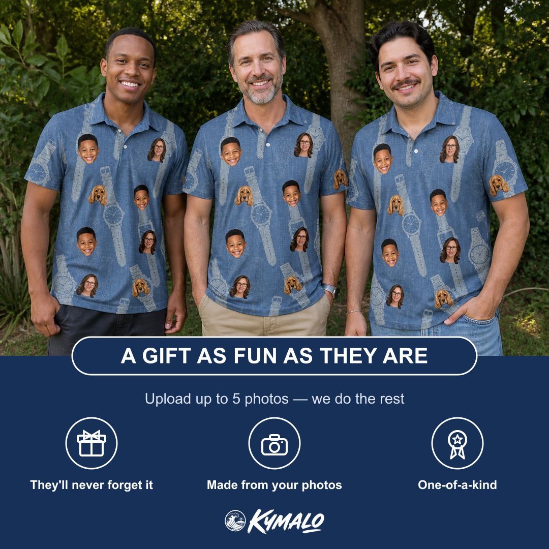 Friends in matching Men's Chrono Chaps Custom Face Polo Shirt — a group gift photo