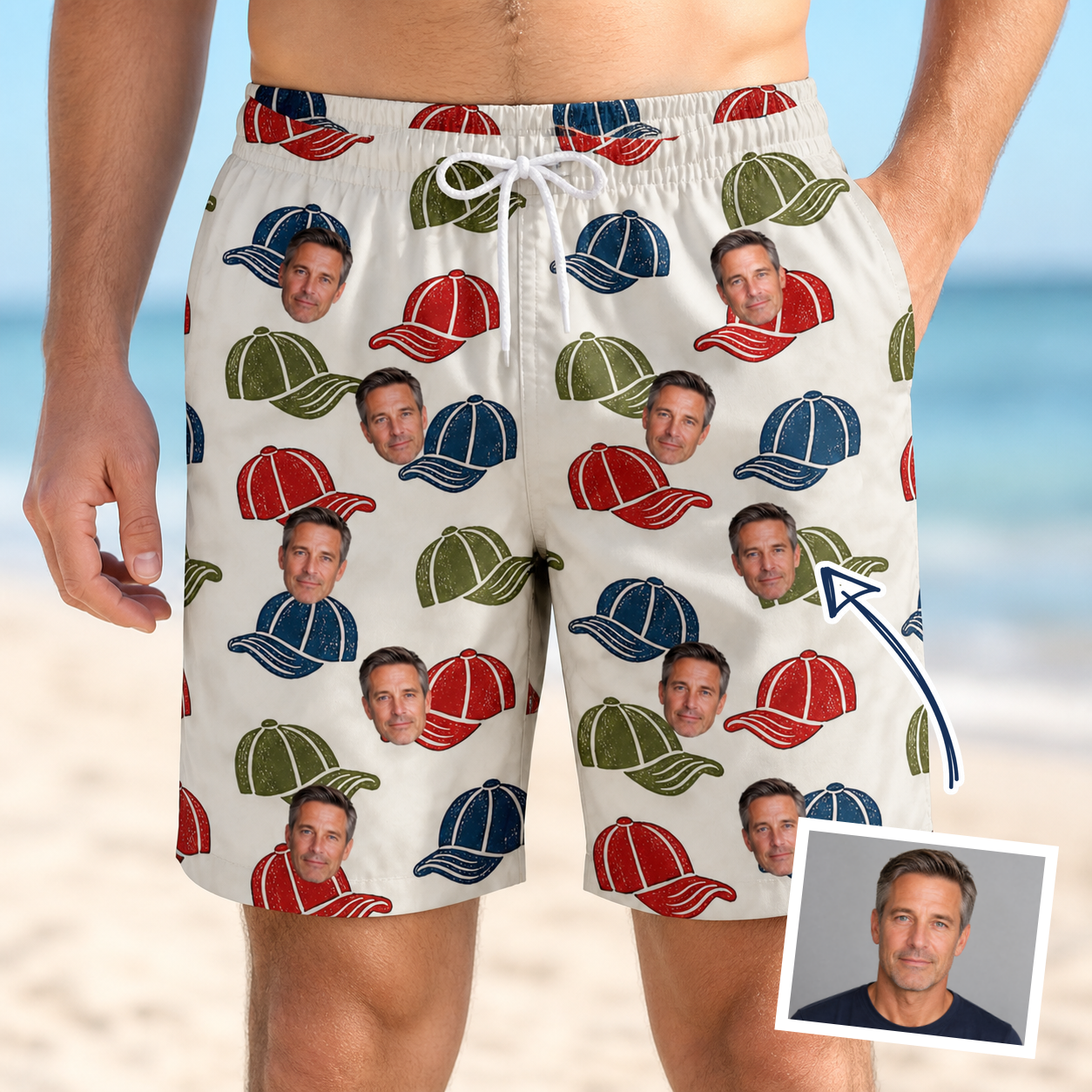 Man wearing Men's Brim Bonds Custom Face Beach Shorts — custom faces printed all-over