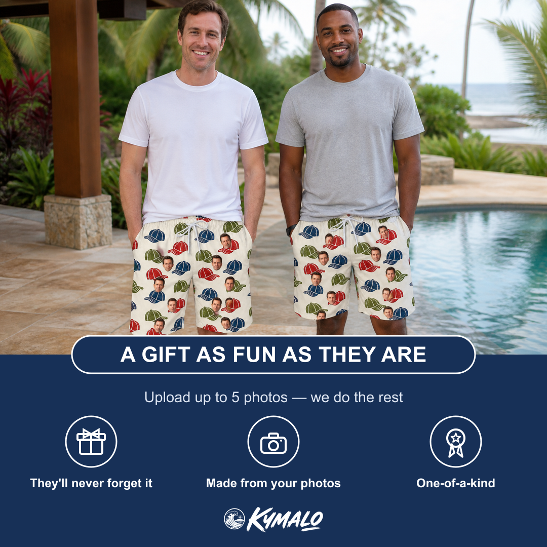 Friends in matching Men's Brim Bonds Custom Face Beach Shorts — a group gift photo