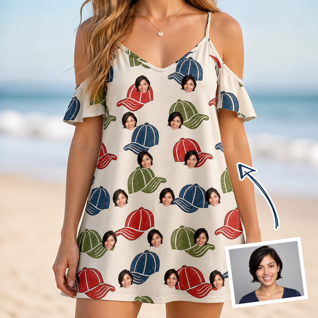 Woman wearing Women's Brim Bonds Custom Face Off-Shoulder Dress — custom faces printed all-over