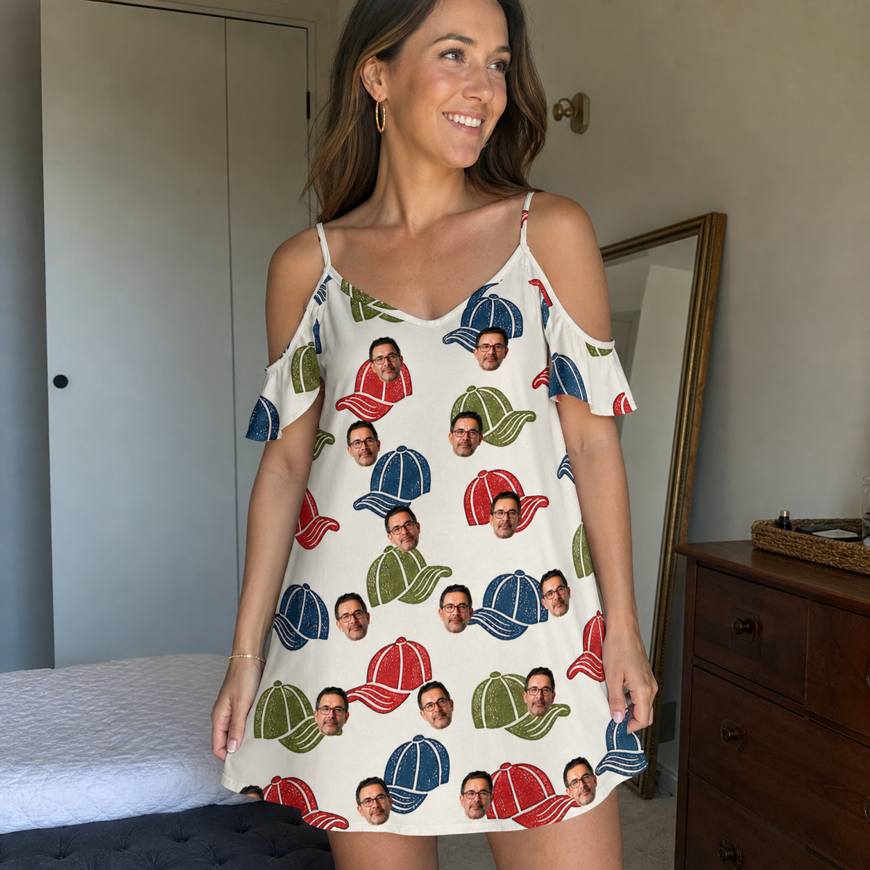Real-life photo of someone wearing Women's Brim Bonds Custom Face Off-Shoulder Dress — custom faces printed all-over