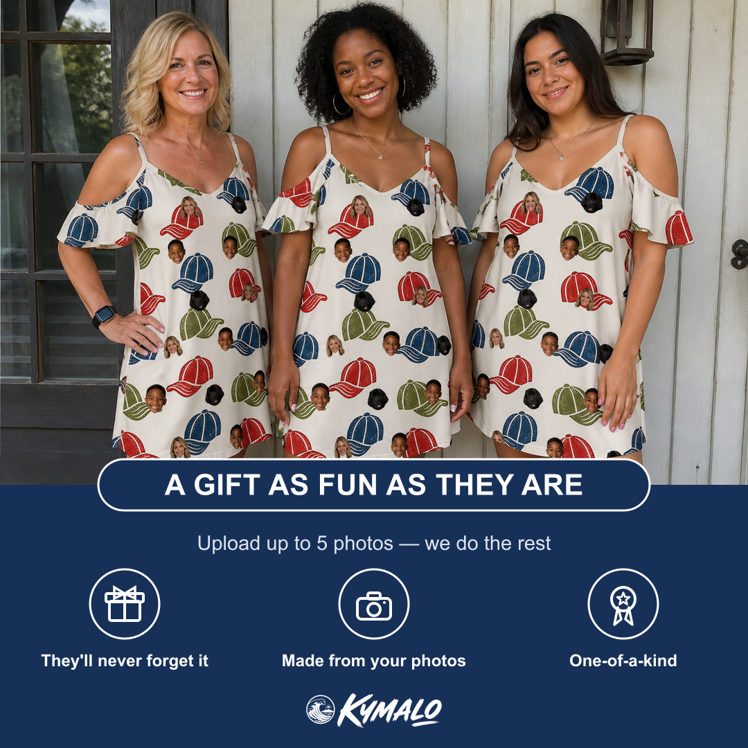 Friends in matching Women's Brim Bonds Custom Face Off-Shoulder Dress — a group gift photo