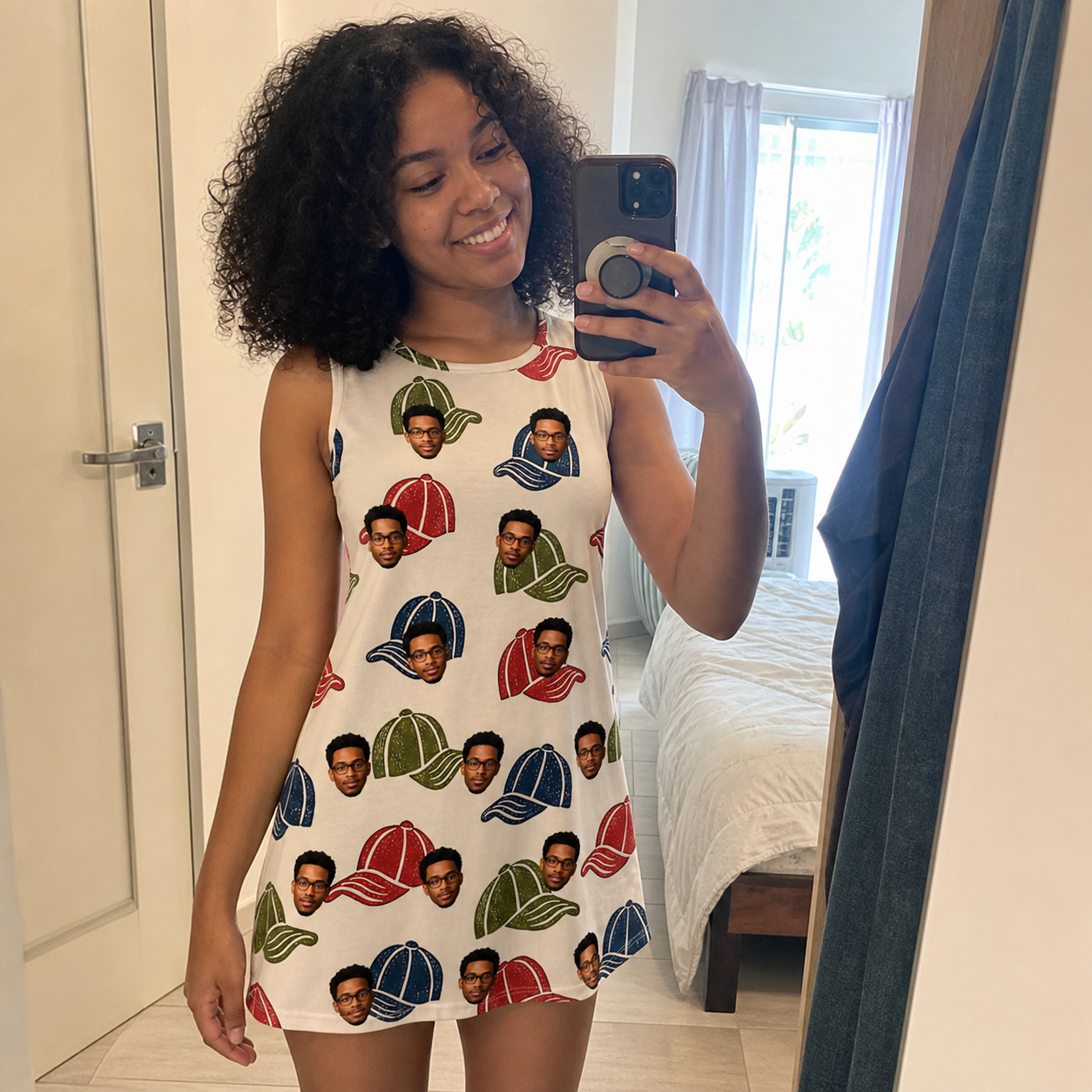 Real-life photo of someone wearing Women's Brim Bonds Custom Face Tank Dress — custom faces printed all-over