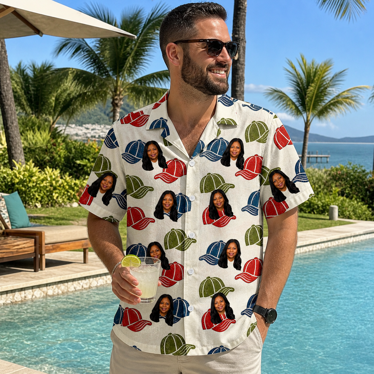 Real-life photo of someone wearing Men's Brim Bonds Custom Face Hawaiian Shirt — custom faces printed all-over