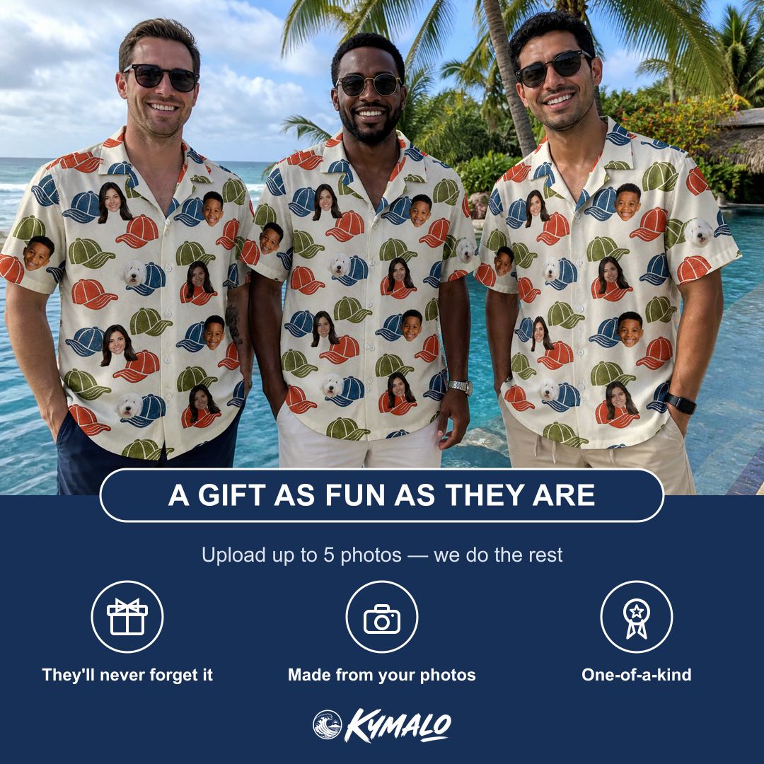 Friends in matching Men's Brim Bonds Custom Face Hawaiian Shirt — a group gift photo
