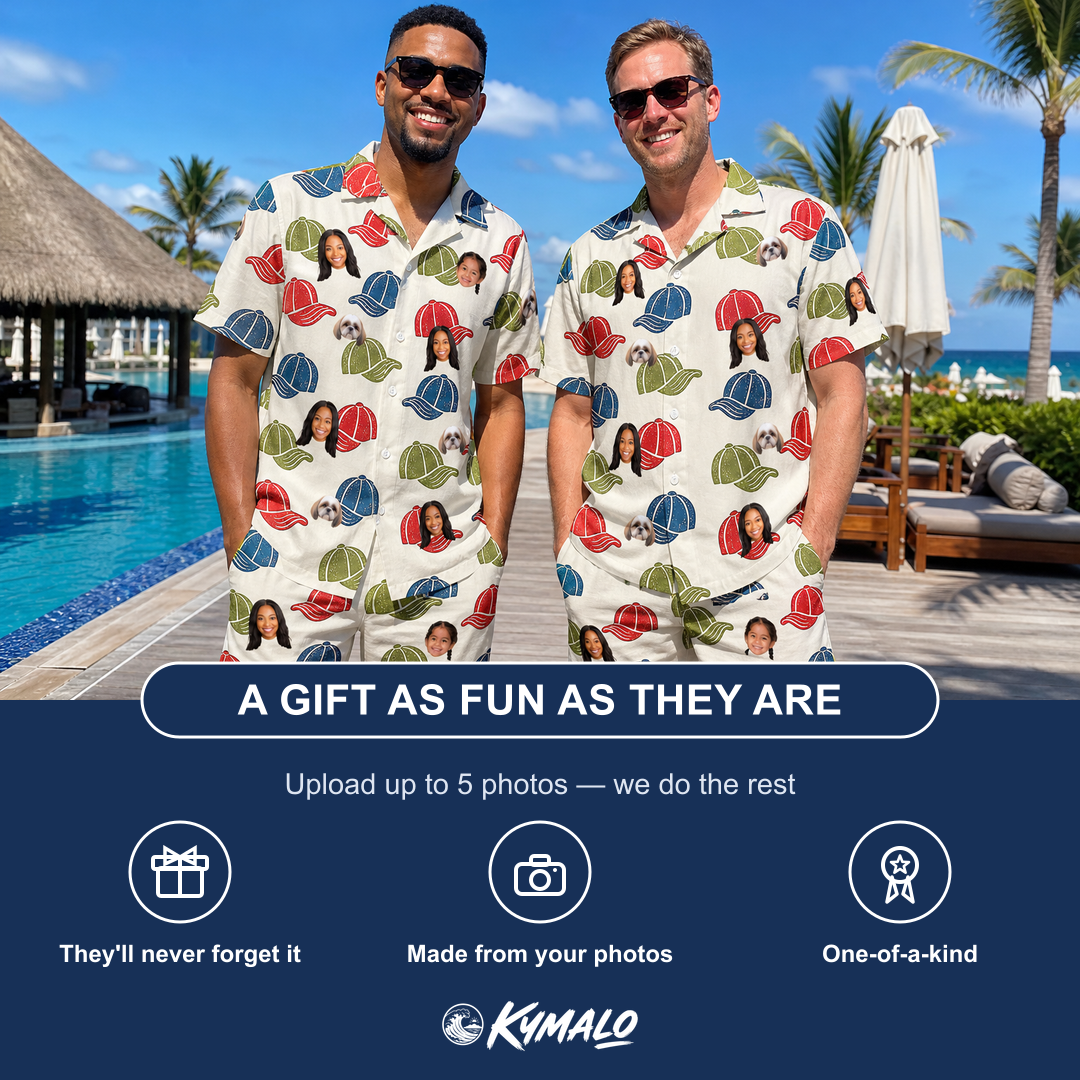 Friends in matching Men's Brim Bonds Custom Face Shirt & Shorts Set — a group gift photo