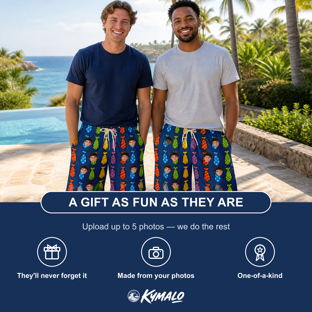 Friends in matching Men's Necktie Nostalgia Custom Face Beach Shorts — a group gift photo