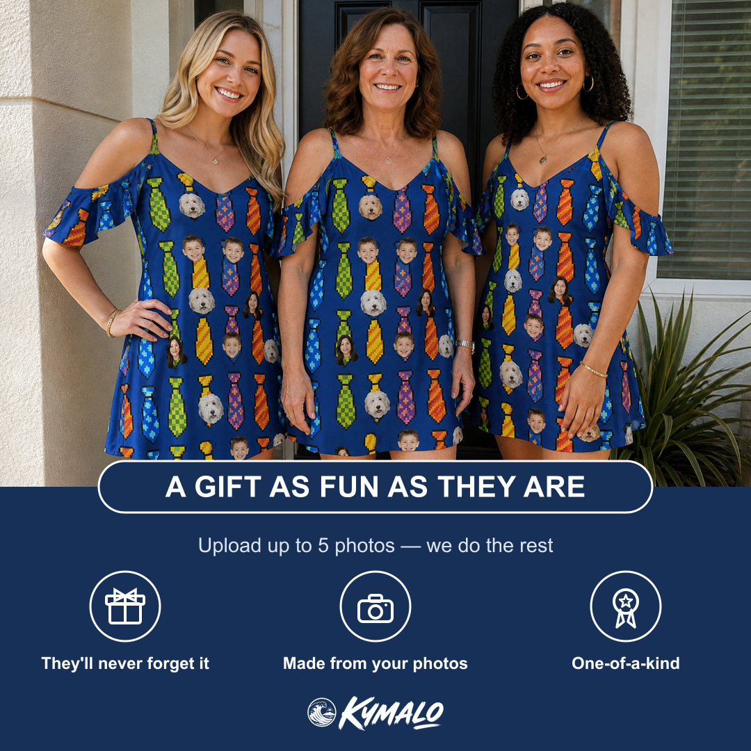 Friends in matching Women's Necktie Nostalgia Custom Face Off-Shoulder Dress — a group gift photo