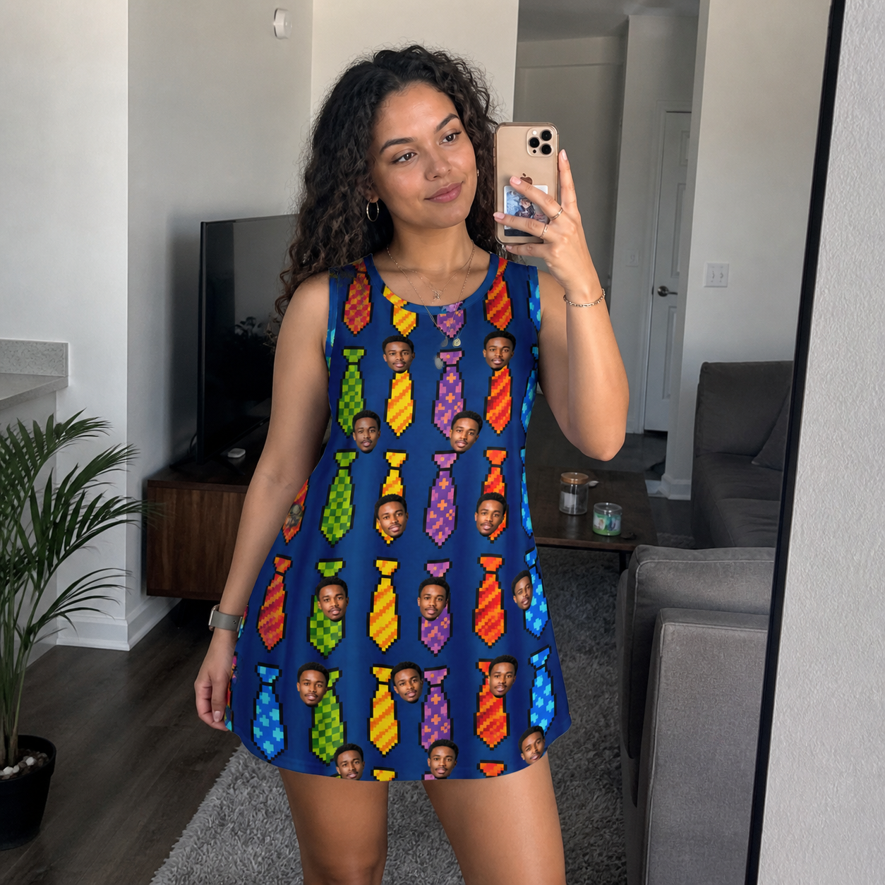 Real-life photo of someone wearing Women's Necktie Nostalgia Custom Face Tank Dress — custom faces printed all-over