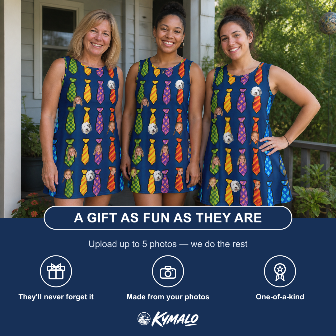 Friends in matching Women's Necktie Nostalgia Custom Face Tank Dress — a group gift photo