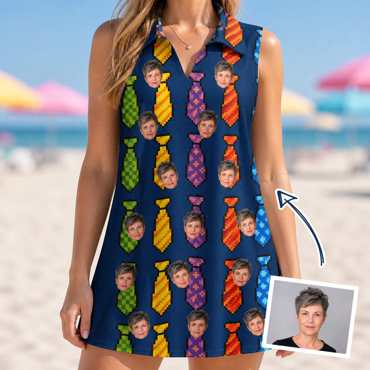 Woman wearing Women's Necktie Nostalgia Custom Face V-Neck Dress — custom faces printed all-over