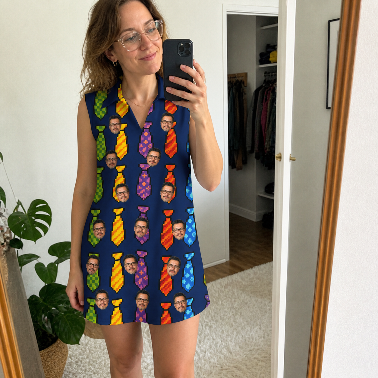 Real-life photo of someone wearing Women's Necktie Nostalgia Custom Face V-Neck Dress — custom faces printed all-over