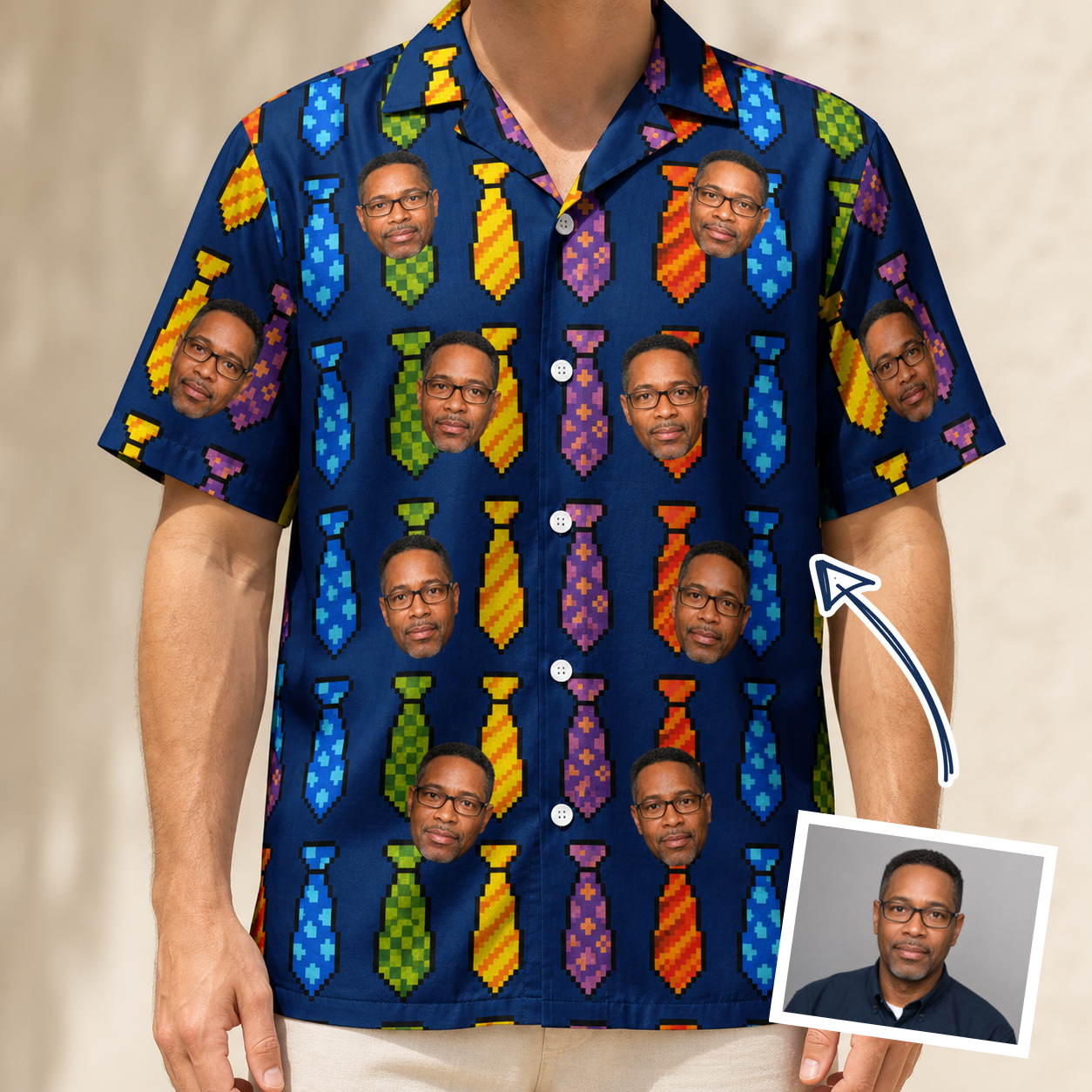 Man wearing Men's Necktie Nostalgia Custom Face Hawaiian Shirt — custom faces printed all-over