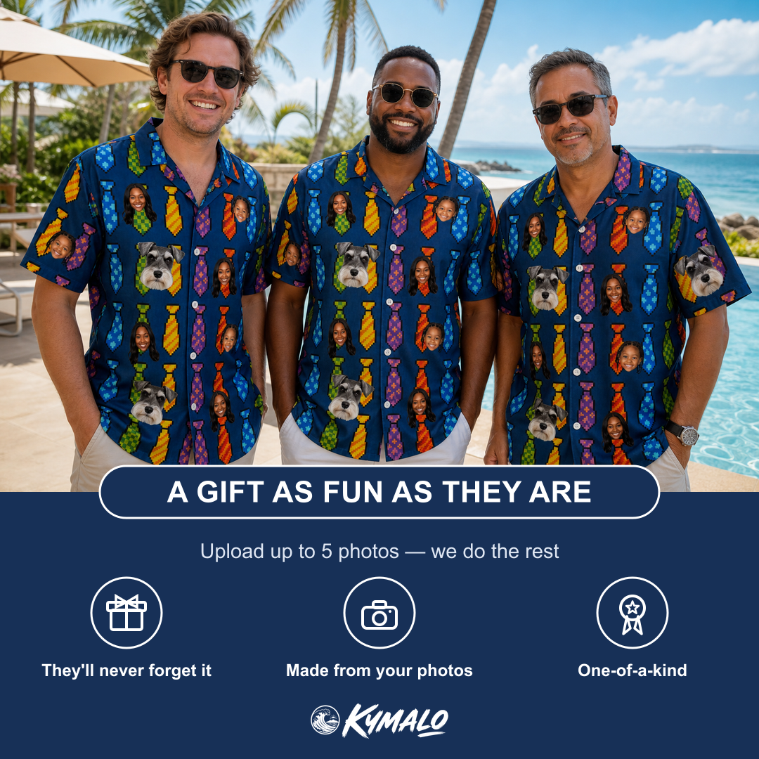 Friends in matching Men's Necktie Nostalgia Custom Face Hawaiian Shirt — a group gift photo