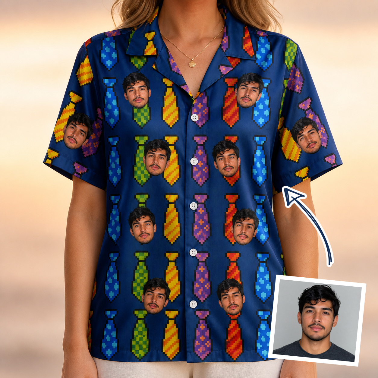 Woman wearing Women's Necktie Nostalgia Custom Face Hawaiian Shirt — custom faces printed all-over