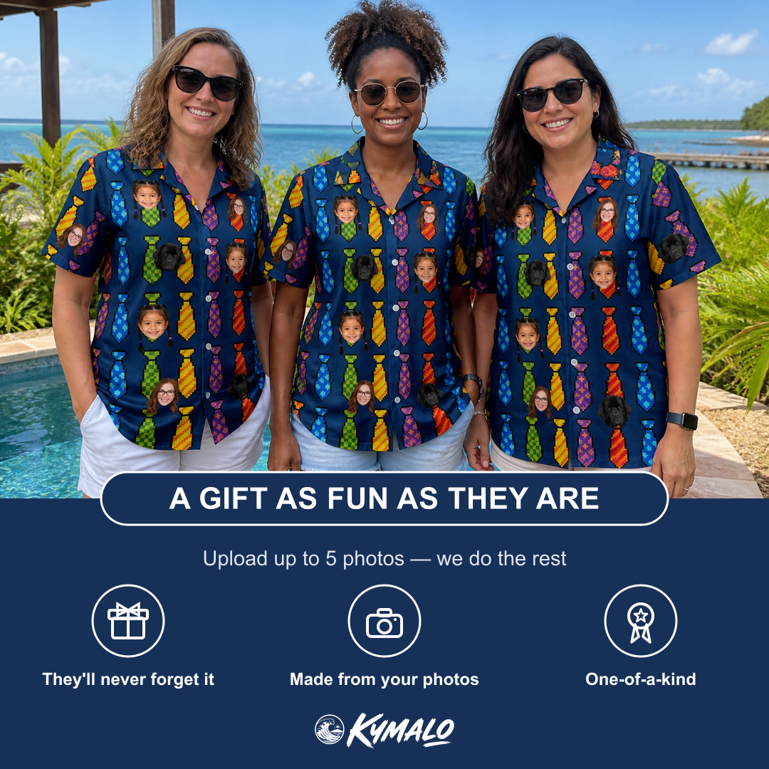 Friends in matching Women's Necktie Nostalgia Custom Face Hawaiian Shirt — a group gift photo