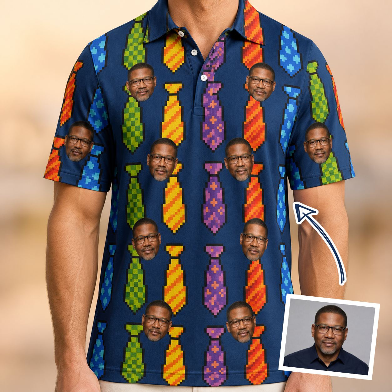Man wearing Men's Necktie Nostalgia Custom Face Polo Shirt — custom faces printed all-over