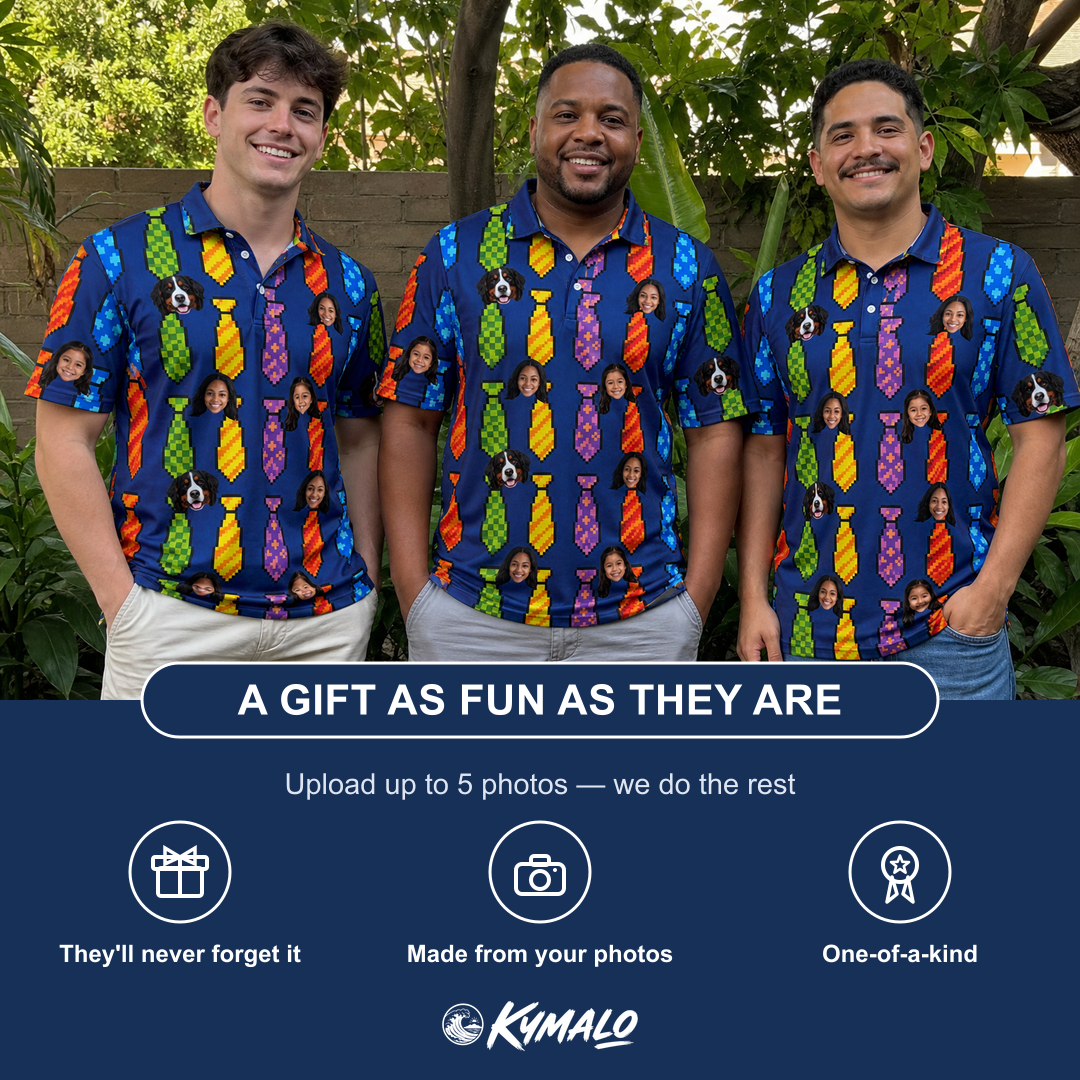 Friends in matching Men's Necktie Nostalgia Custom Face Polo Shirt — a group gift photo