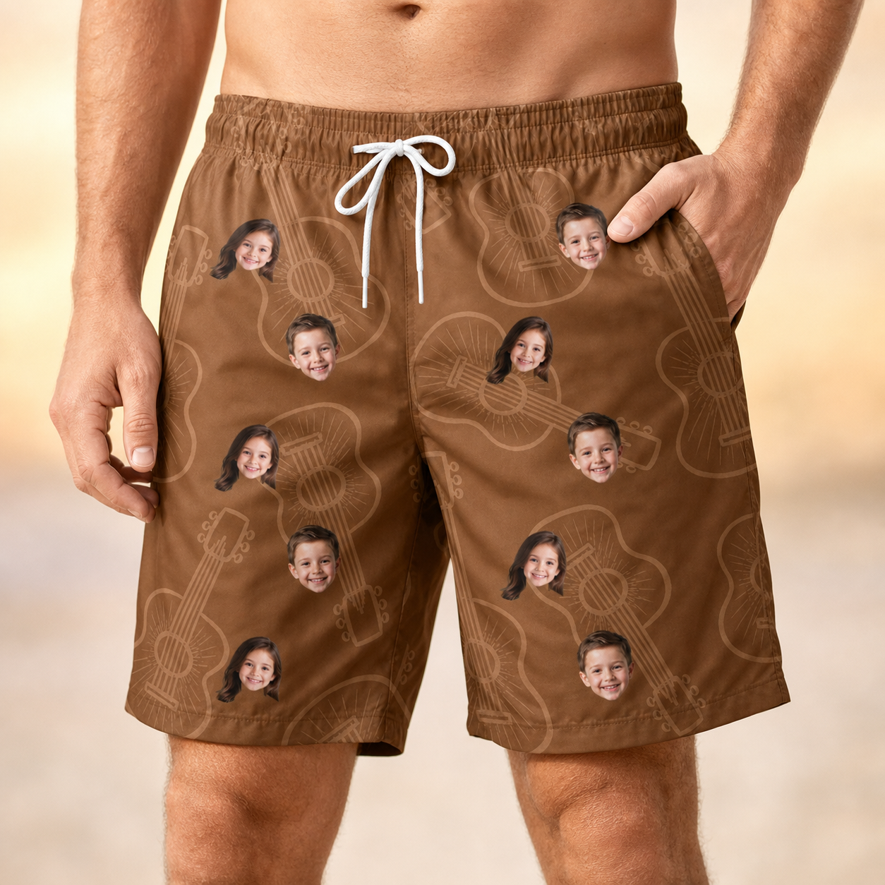 Model wearing Men's Chord Kinship Custom Face Beach Shorts printed with kids' faces