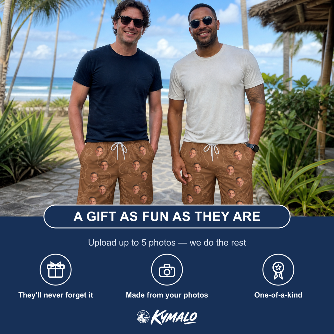 Friends in matching Men's Chord Kinship Custom Face Beach Shorts — a group gift photo