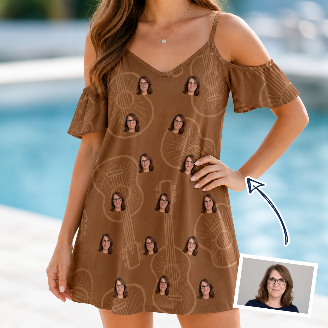 Woman wearing Women's Chord Kinship Custom Face Off-Shoulder Dress — custom faces printed all-over