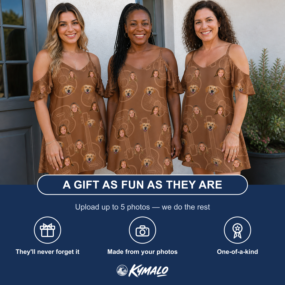 Friends in matching Women's Chord Kinship Custom Face Off-Shoulder Dress — a group gift photo