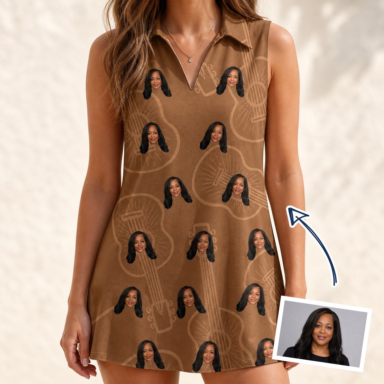 Woman wearing Women's Chord Kinship Custom Face V-Neck Dress — custom faces printed all-over