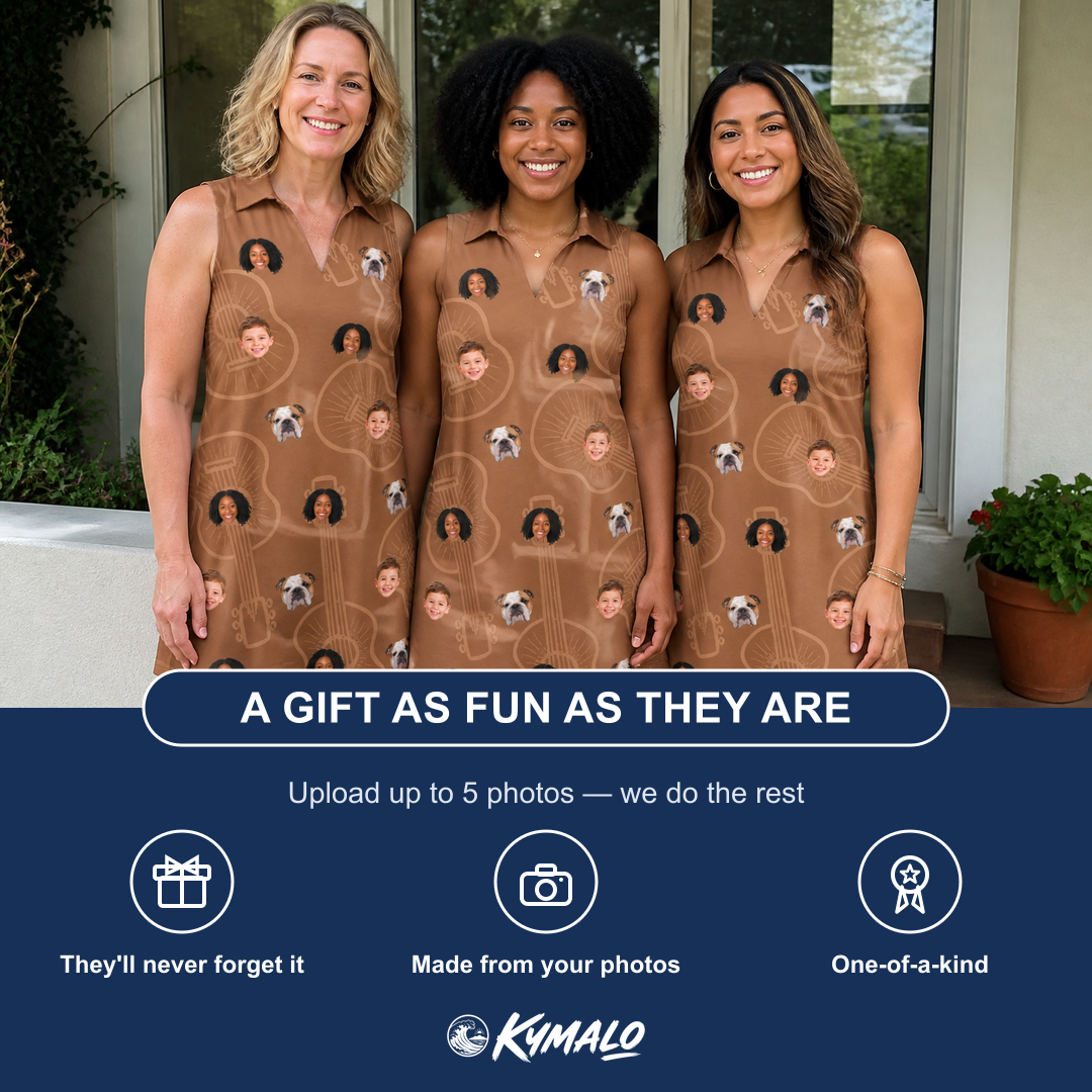 Friends in matching Women's Chord Kinship Custom Face V-Neck Dress — a group gift photo