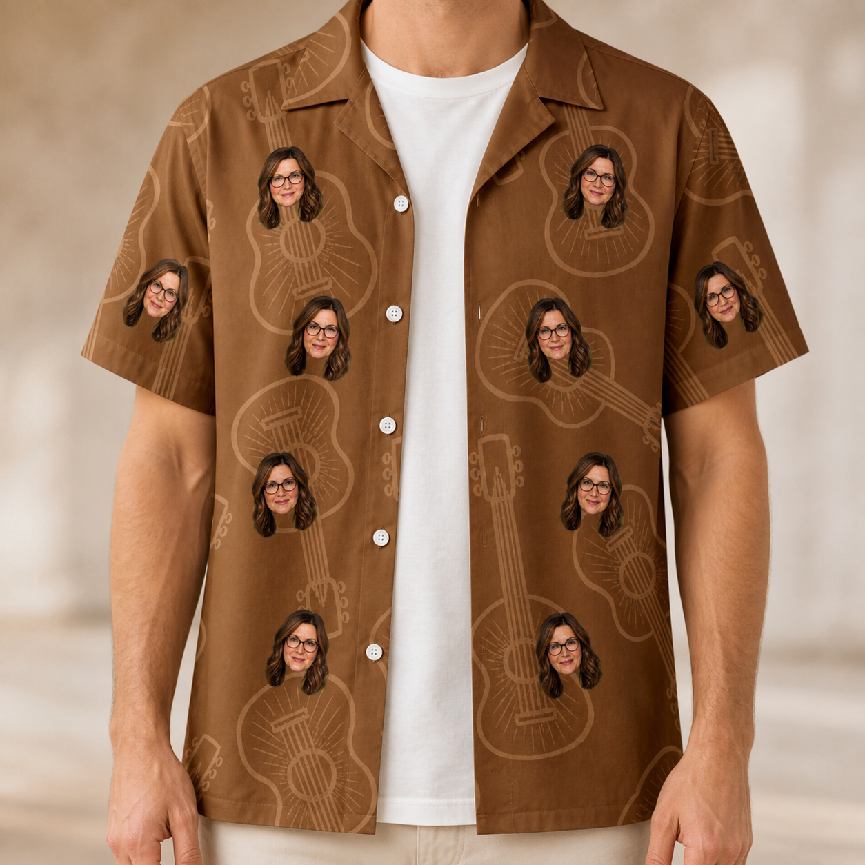 Man wearing Men's Chord Kinship Custom Face Hawaiian Shirt open over a white tee