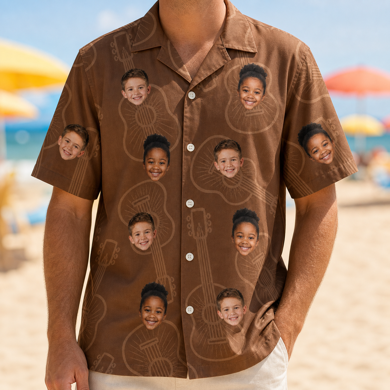 Model wearing Men's Chord Kinship Custom Face Hawaiian Shirt printed with kids' faces