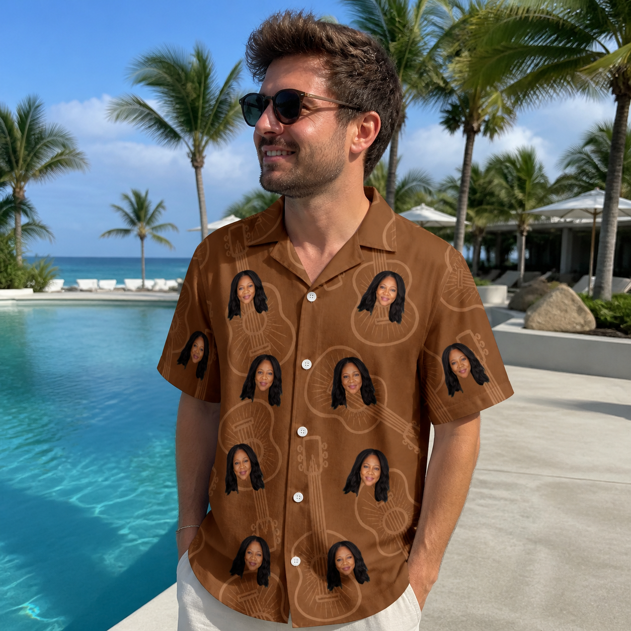 Real-life photo of someone wearing Men's Chord Kinship Custom Face Hawaiian Shirt — custom faces printed all-over