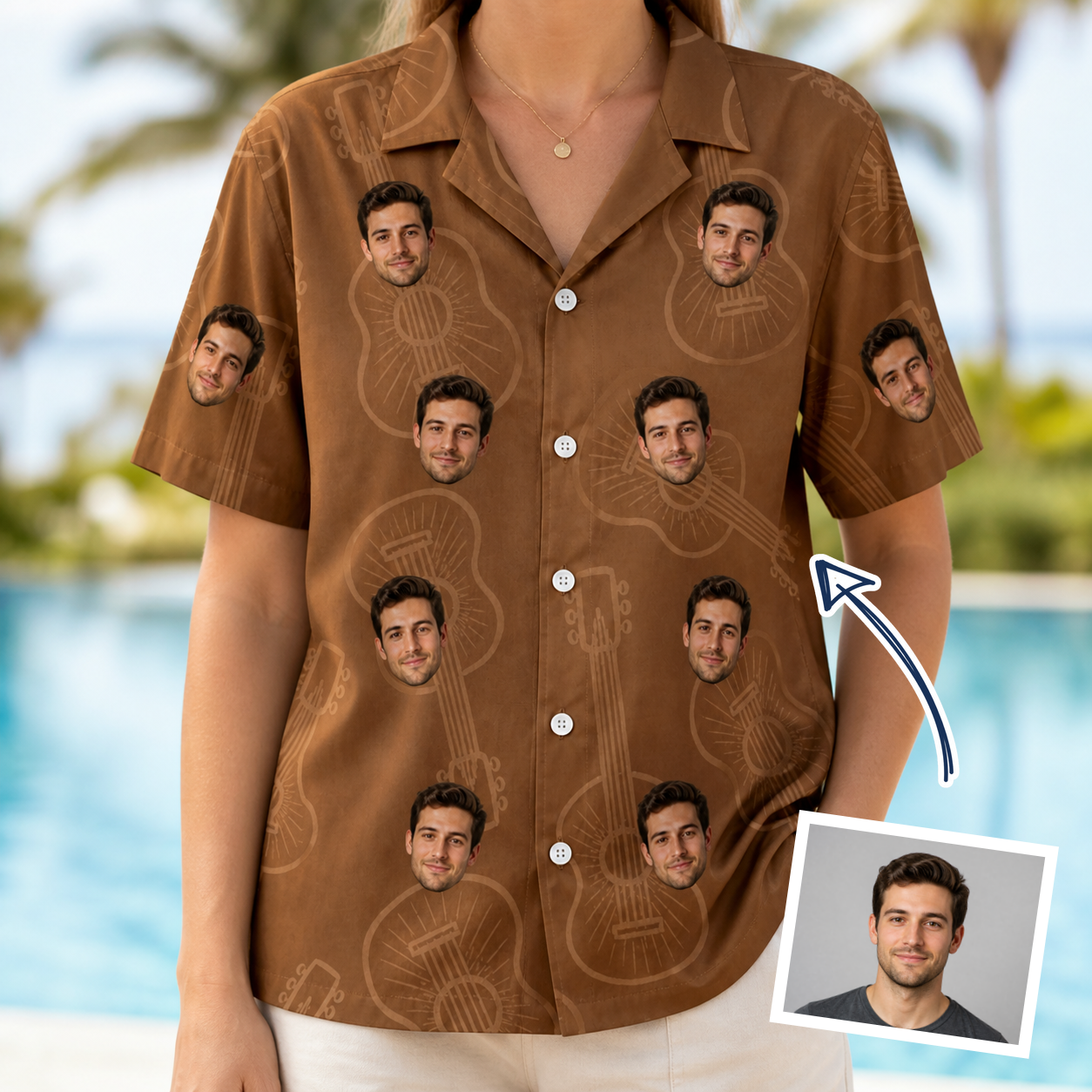 Woman wearing Women's Chord Kinship Custom Face Hawaiian Shirt — custom faces printed all-over