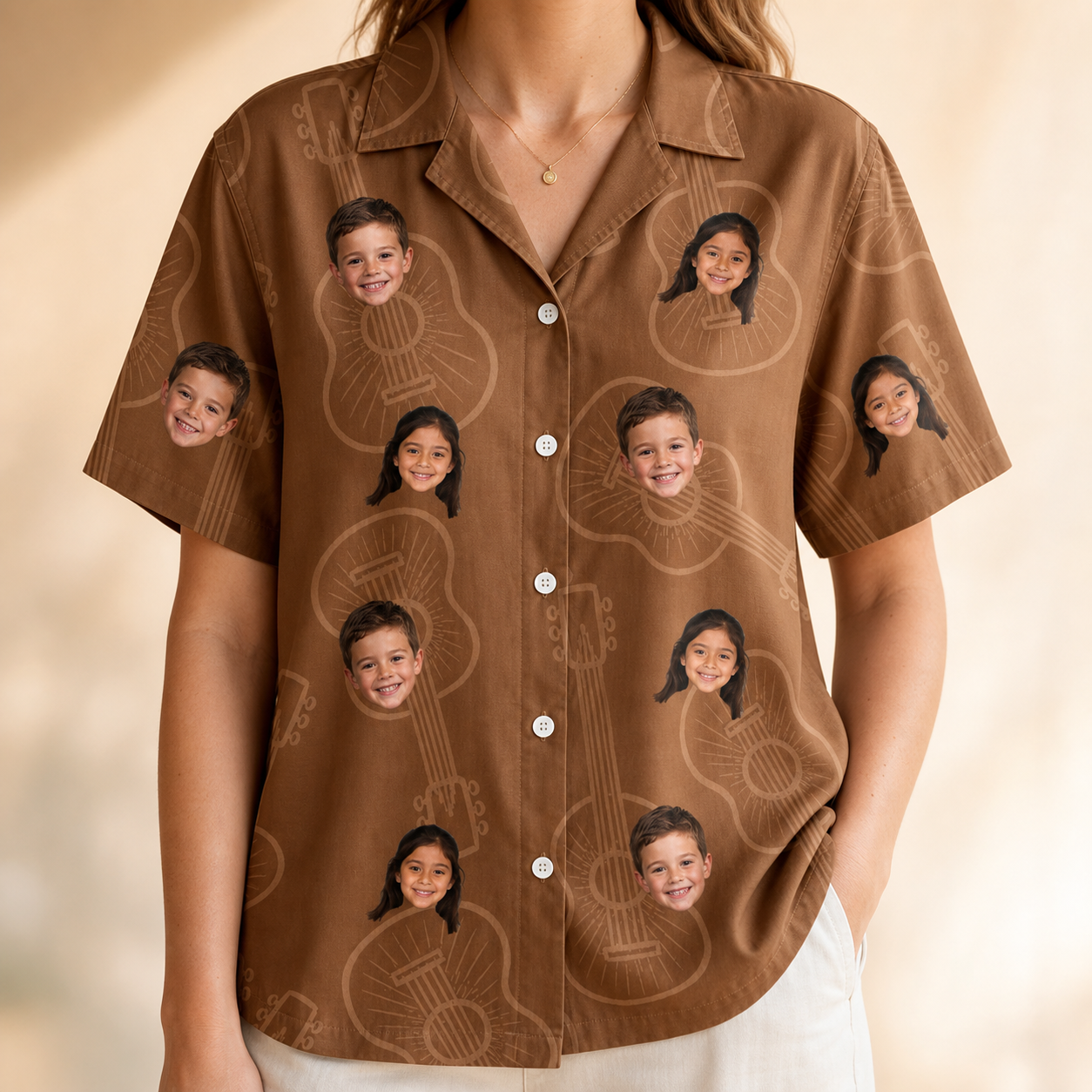 Model wearing Women's Chord Kinship Custom Face Hawaiian Shirt printed with kids' faces