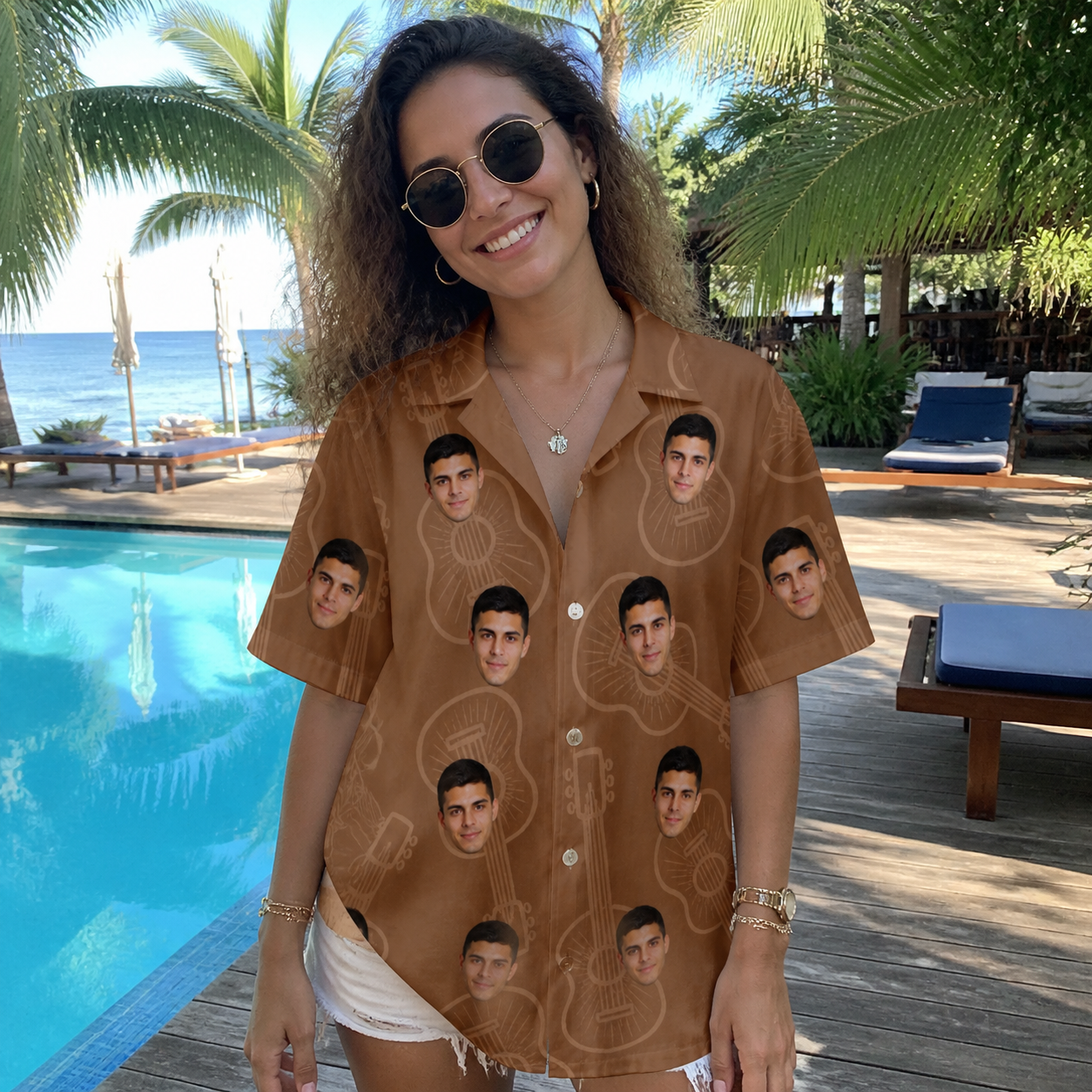 Real-life photo of someone wearing Women's Chord Kinship Custom Face Hawaiian Shirt — custom faces printed all-over