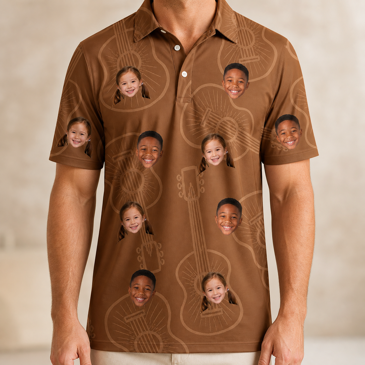 Model wearing Men's Chord Kinship Custom Face Polo Shirt printed with kids' faces