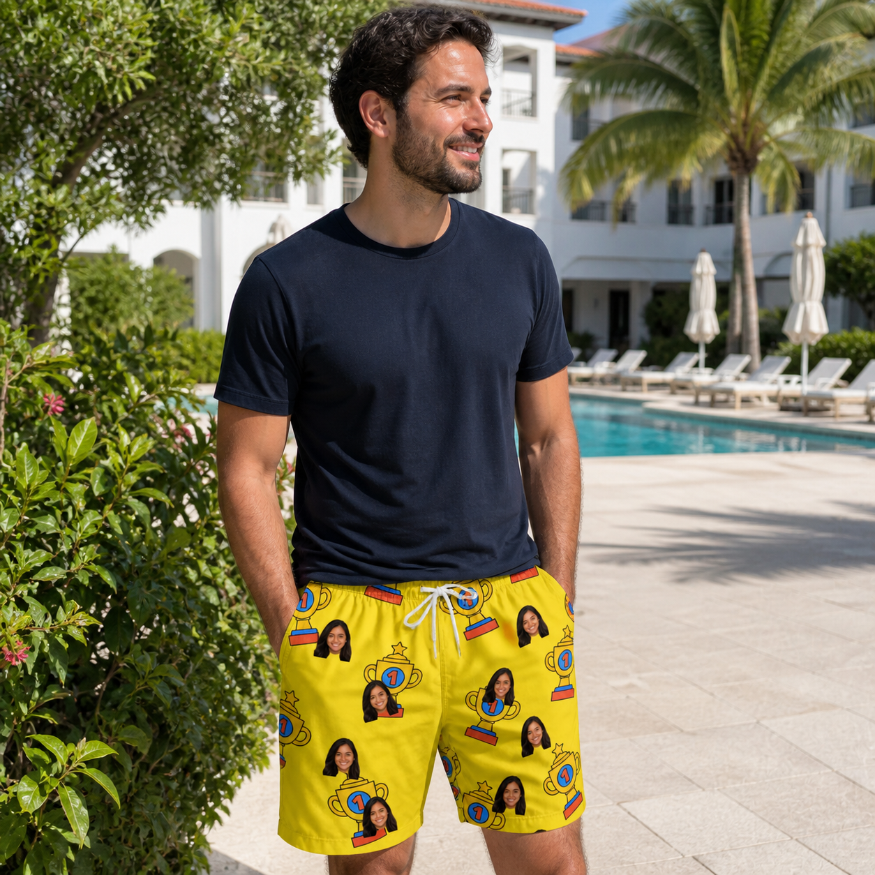 Real-life photo of someone wearing Men's Father’s Day Dynasty Custom Face Beach Shorts — custom faces printed all-over