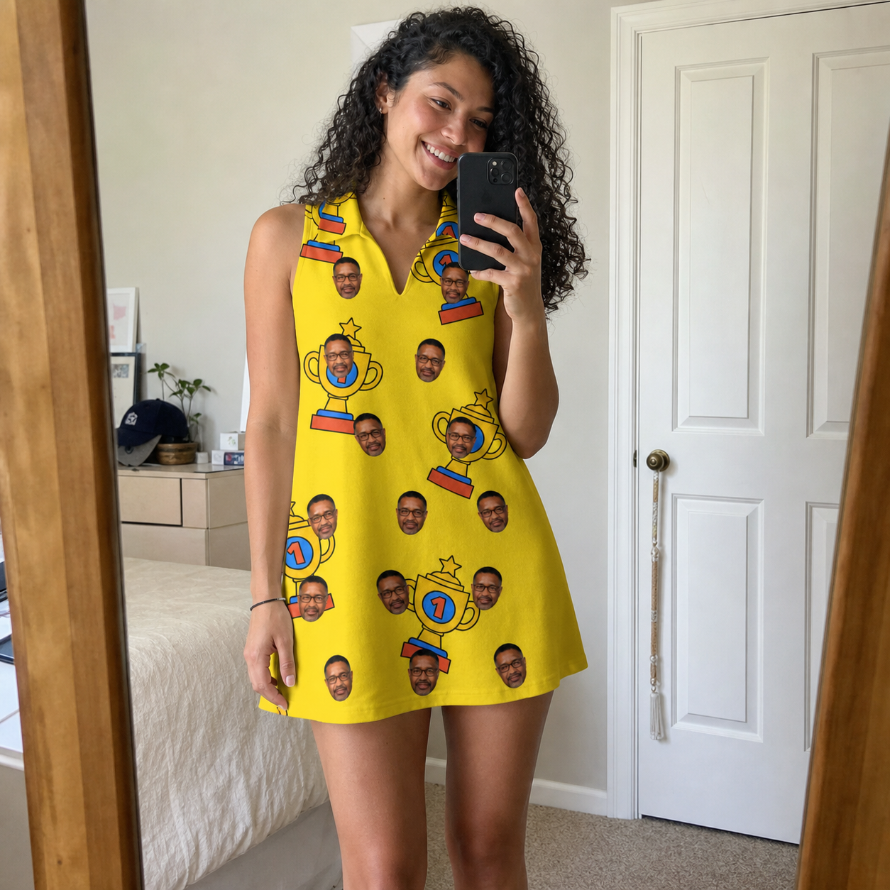 Real-life photo of someone wearing Women's Father’s Day Dynasty Custom Face V-Neck Dress — custom faces printed all-over