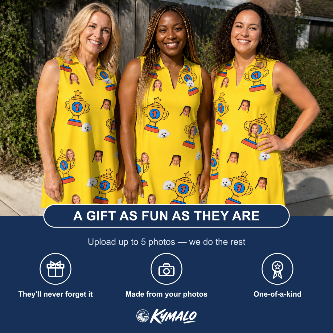 Friends in matching Women's Father’s Day Dynasty Custom Face V-Neck Dress — a group gift photo