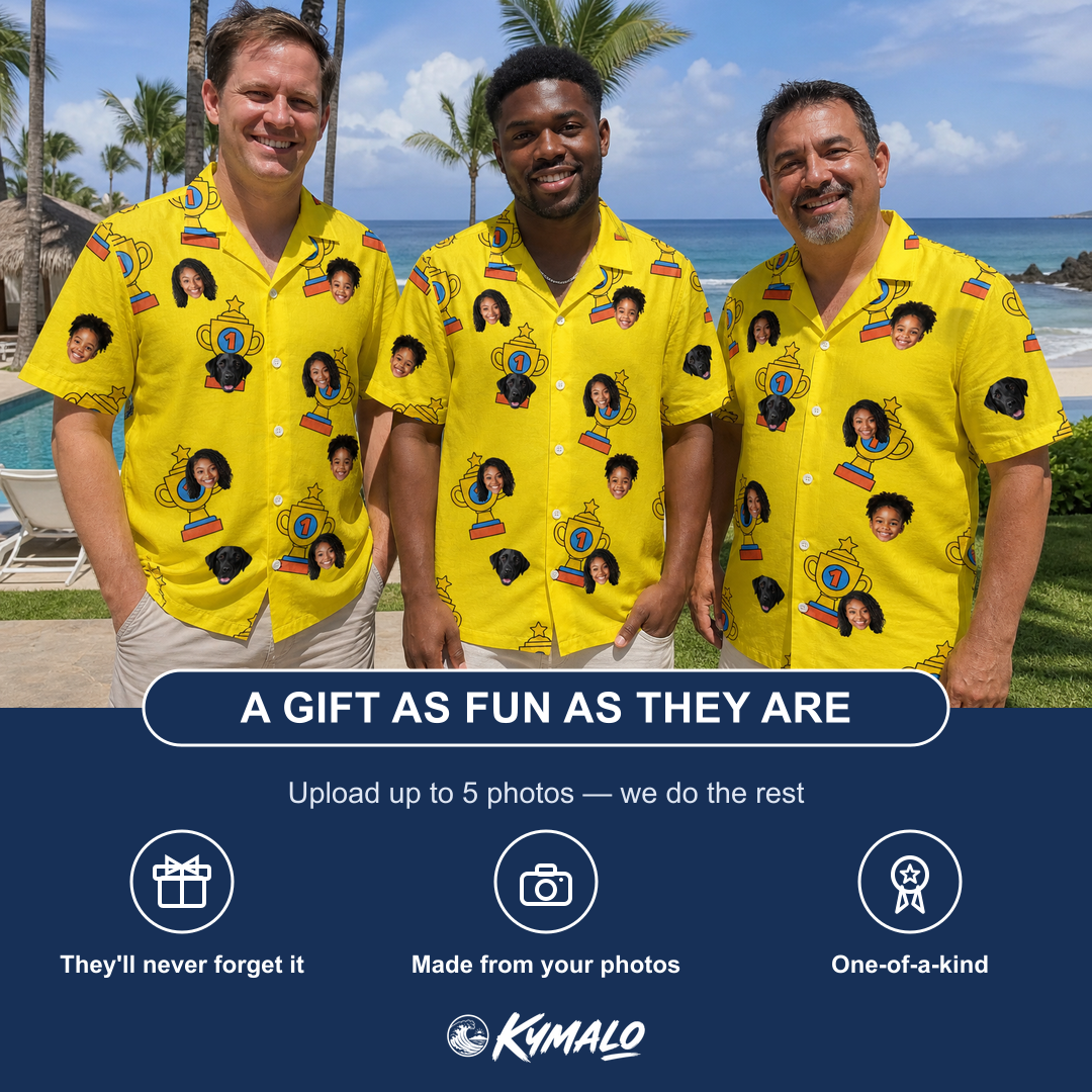 Friends in matching Men's Father’s Day Dynasty Custom Face Hawaiian Shirt — a group gift photo