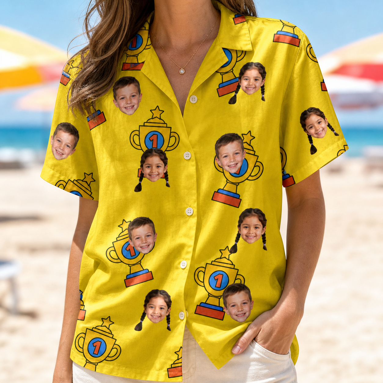 Model wearing Women's Father’s Day Dynasty Custom Face Hawaiian Shirt printed with kids' faces