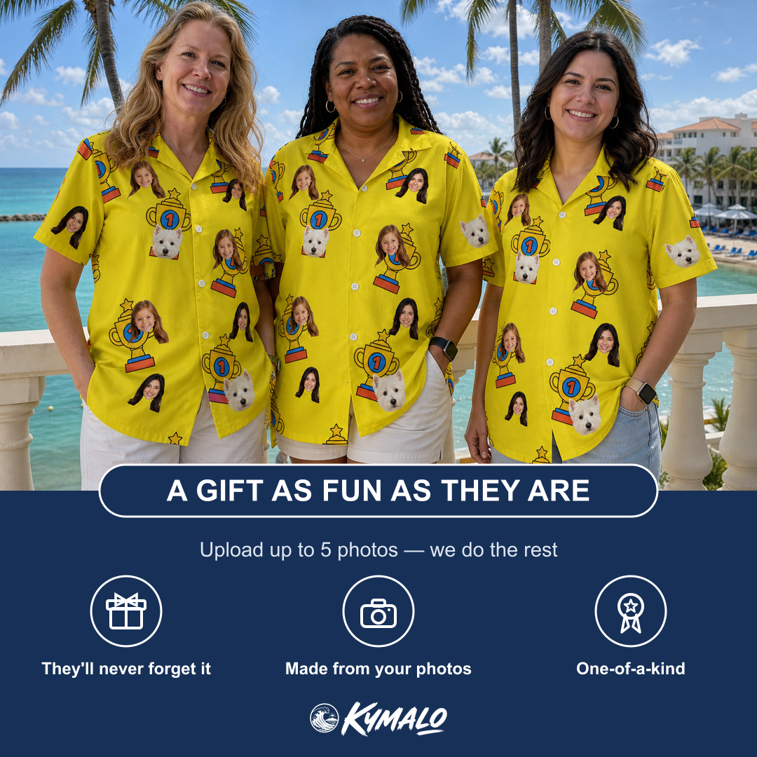 Friends in matching Women's Father’s Day Dynasty Custom Face Hawaiian Shirt — a group gift photo